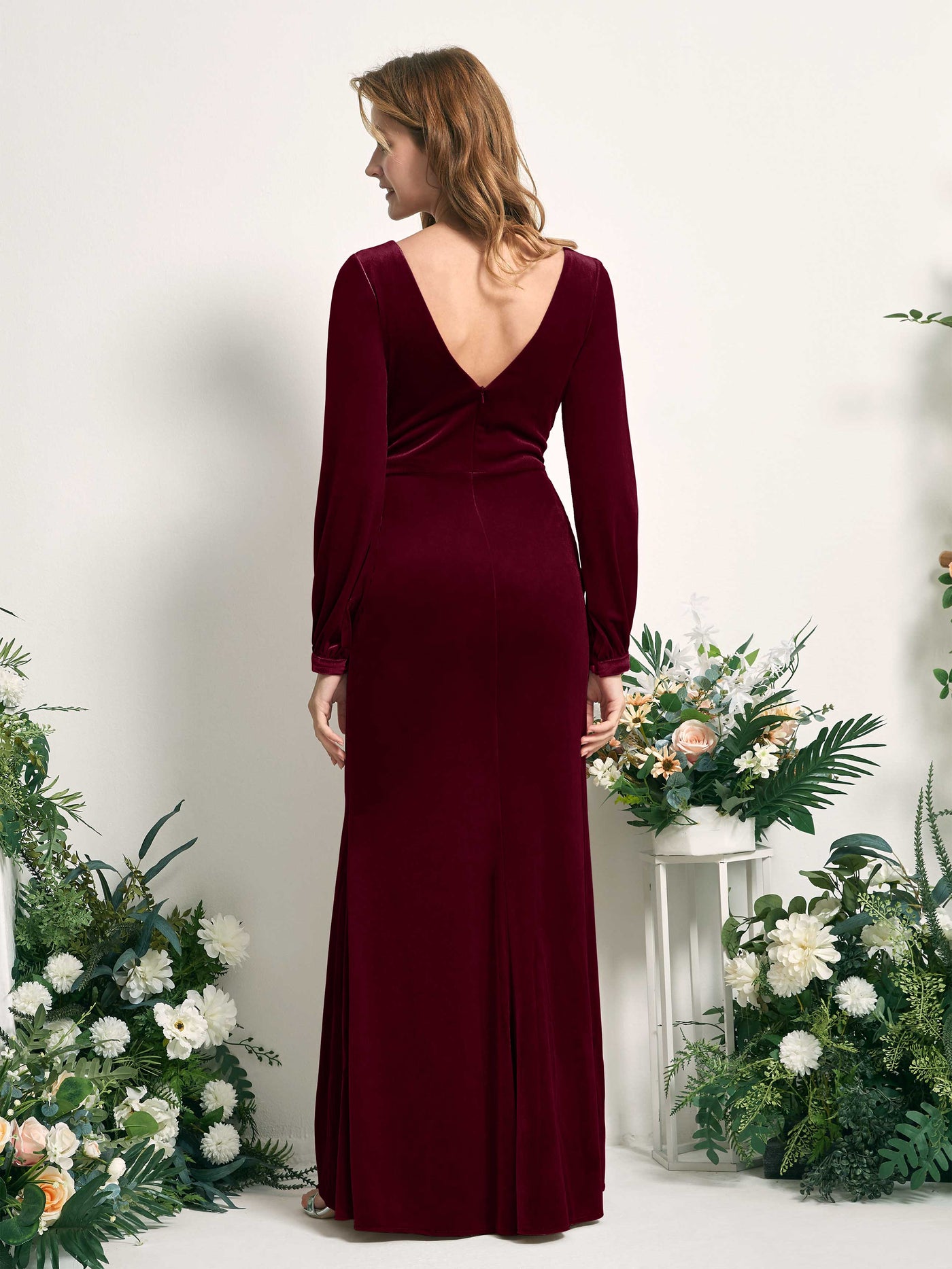 Burgundy Bridesmaid Dresses A-line Sexy Slit V-neck Long Sleeves Velvet Dresses (82220113)#color_burgundy