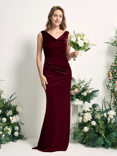 Carlyna Pearl Mermaid Burgundy Velvet Bridesmaid Dress Maxi Sleeveless V-Neck Dress Front View #color_burgundy