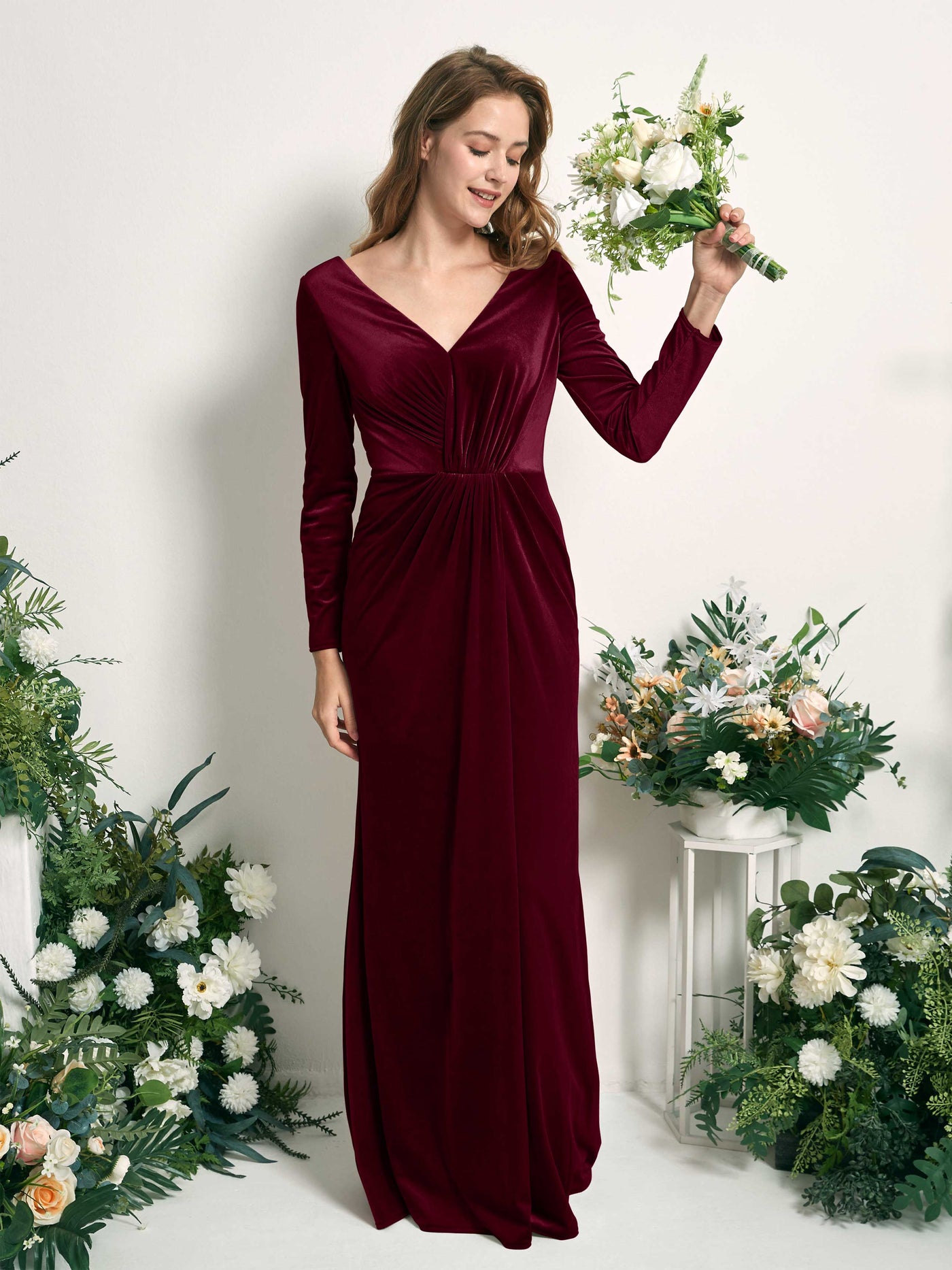 long sleeve burgundy bridesmaid dresses Elegant Short V-Neck Pleated A-Line Maxi Dress and a leg slit. Elegant Lace Burgundy Bridesmaid dresses