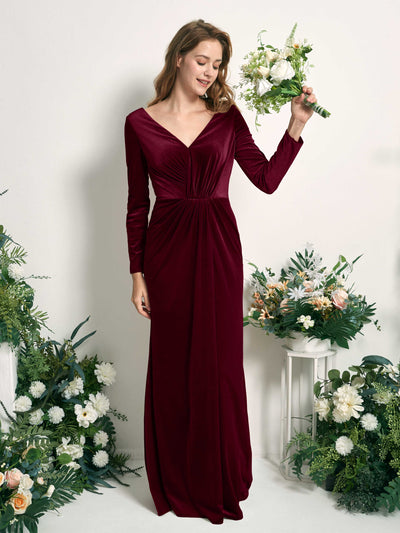 Carlyna Ophelia Mermaid Burgundy Velvet Bridesmaid Dress Maxi Long Sleeve V-Neck Front View #color_burgundy