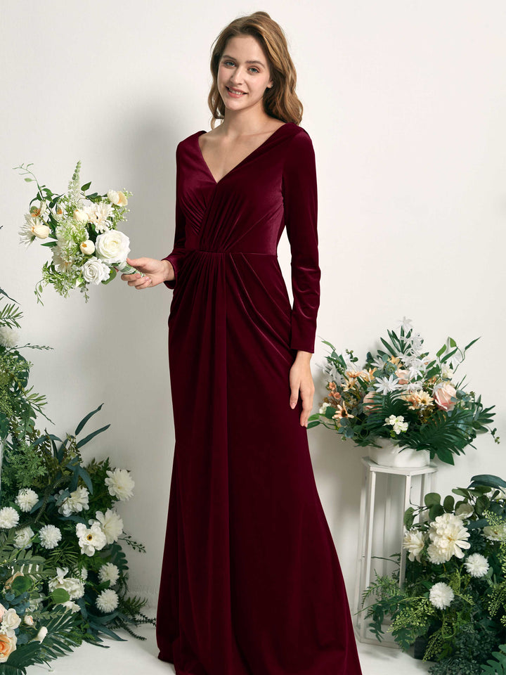 Burgundy Velvet Bridesmaid Dress Mermaid Maxi Long Sleeve V-Neck