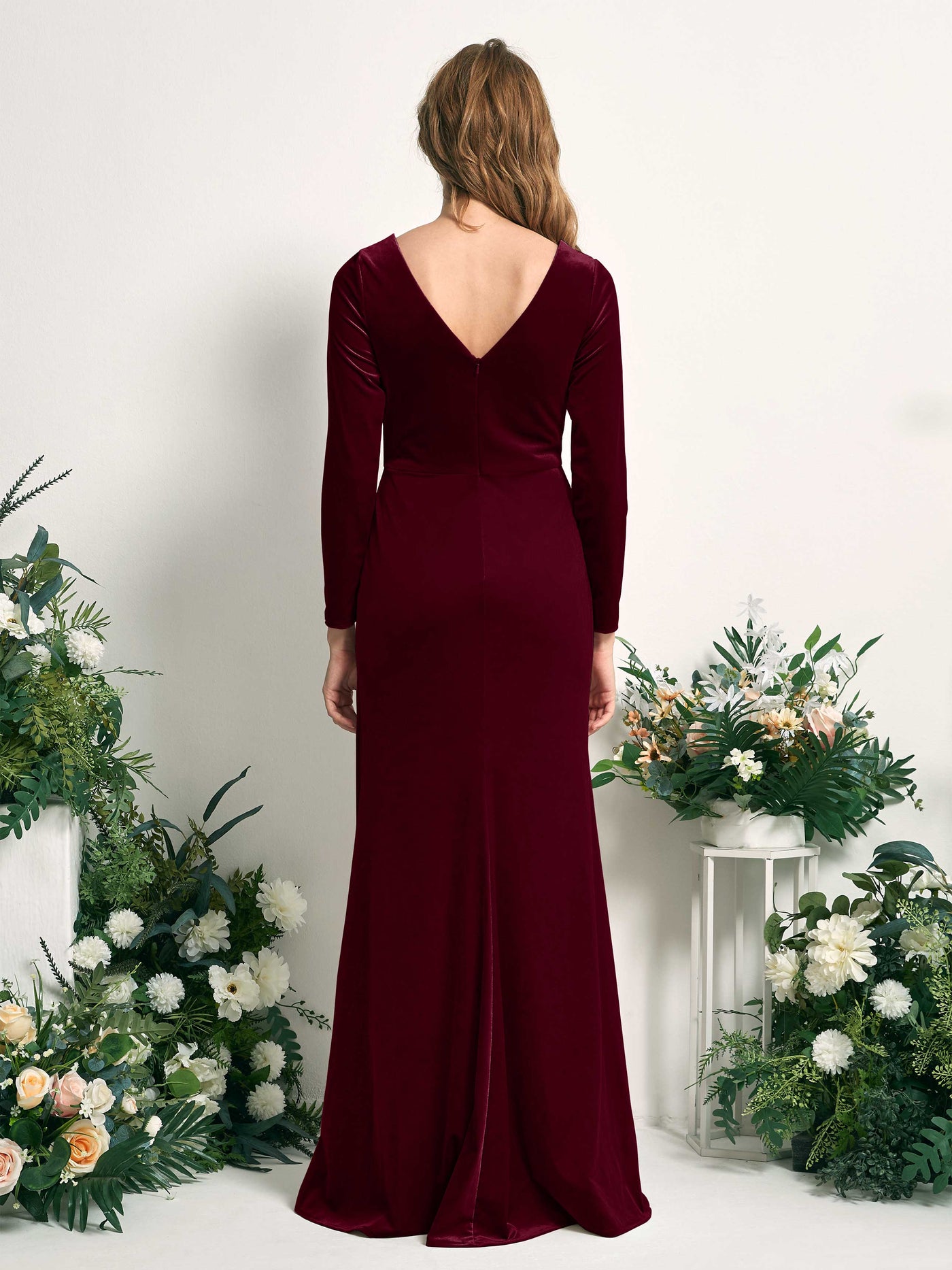 Burgundy Bridesmaid Dresses Mermaid/Trumpet V-neck Long Sleeves Velvet Dresses (82220413)#color_burgundy