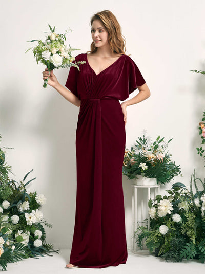 Carlyna Wanda Mermaid Burgundy Velvet Bridesmaid Dress Maxi Cap Sleeve V-Neck Dress Front View #color_burgundy
