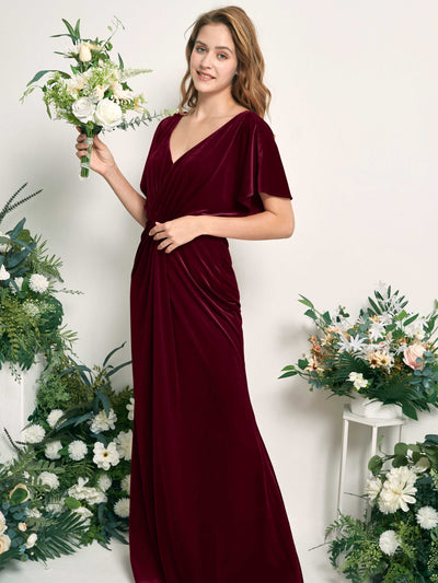 Carlyna Wanda Mermaid Burgundy Velvet Bridesmaid Dress Maxi Cap Sleeve V-Neck Dress Side View 2 #color_burgundy