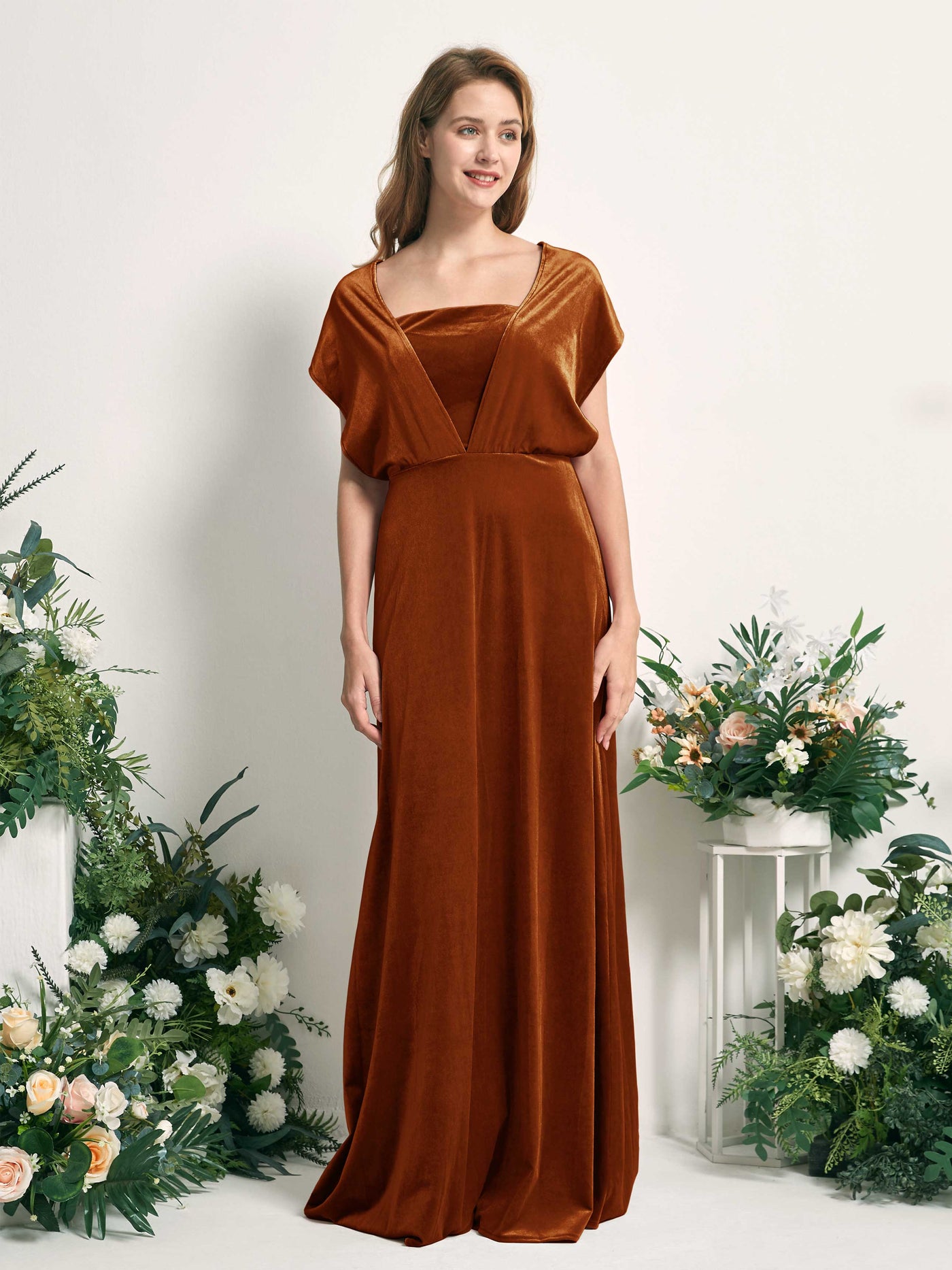 Burant Orange Bridesmaid Dresses A-line Open back Convertible Straps Velvet Dresses (82220622)#color_burant-orange