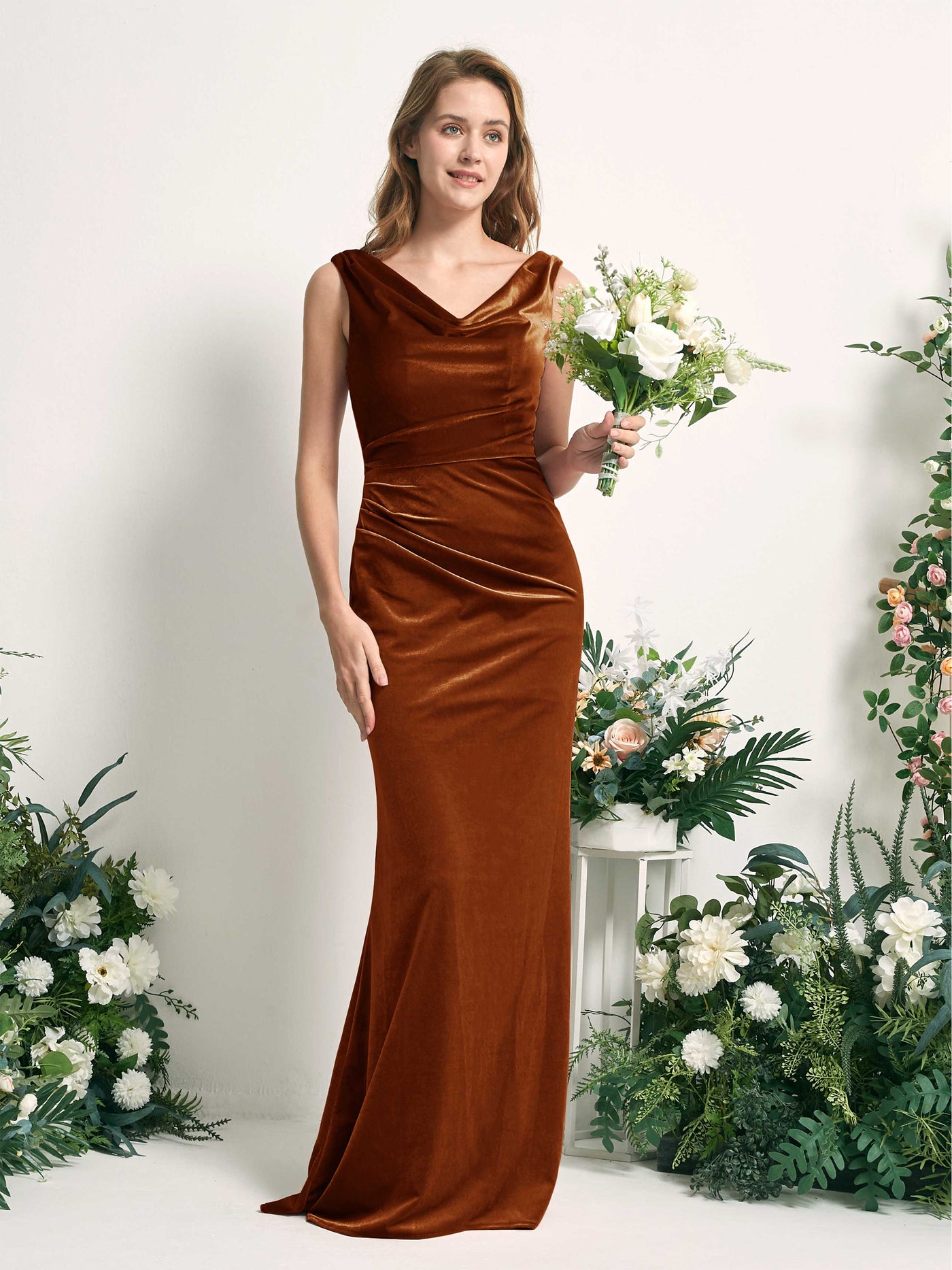 Burnt Orange Velvet V-Neck Bridesmaid Dress Mermaid Floor-Length | Carlyna Burnt Orange Velvet V-Neck Bridesmaid Dress Mermaid Floor-Length | Carlyna