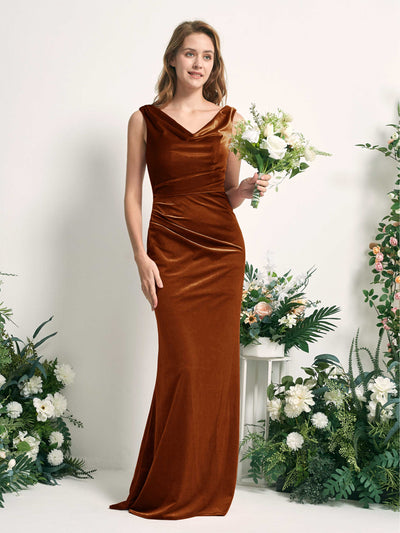 Carlyna Pearl Mermaid Burant Orange Velvet Bridesmaid Dress Maxi Sleeveless V-Neck Dress Front View #color_burant-orange