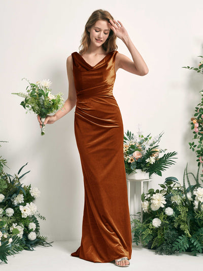 Carlyna Pearl Mermaid Burant Orange Velvet Bridesmaid Dress Maxi Sleeveless V-Neck Dress Side View 2 #color_burant-orange