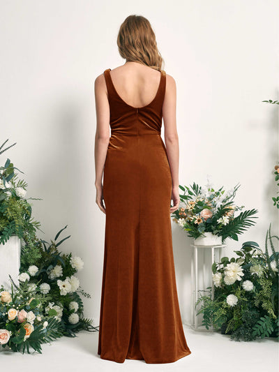 Carlyna Pearl Mermaid Burant Orange Velvet Bridesmaid Dress Maxi Sleeveless V-Neck Dress Back View #color_burant-orange