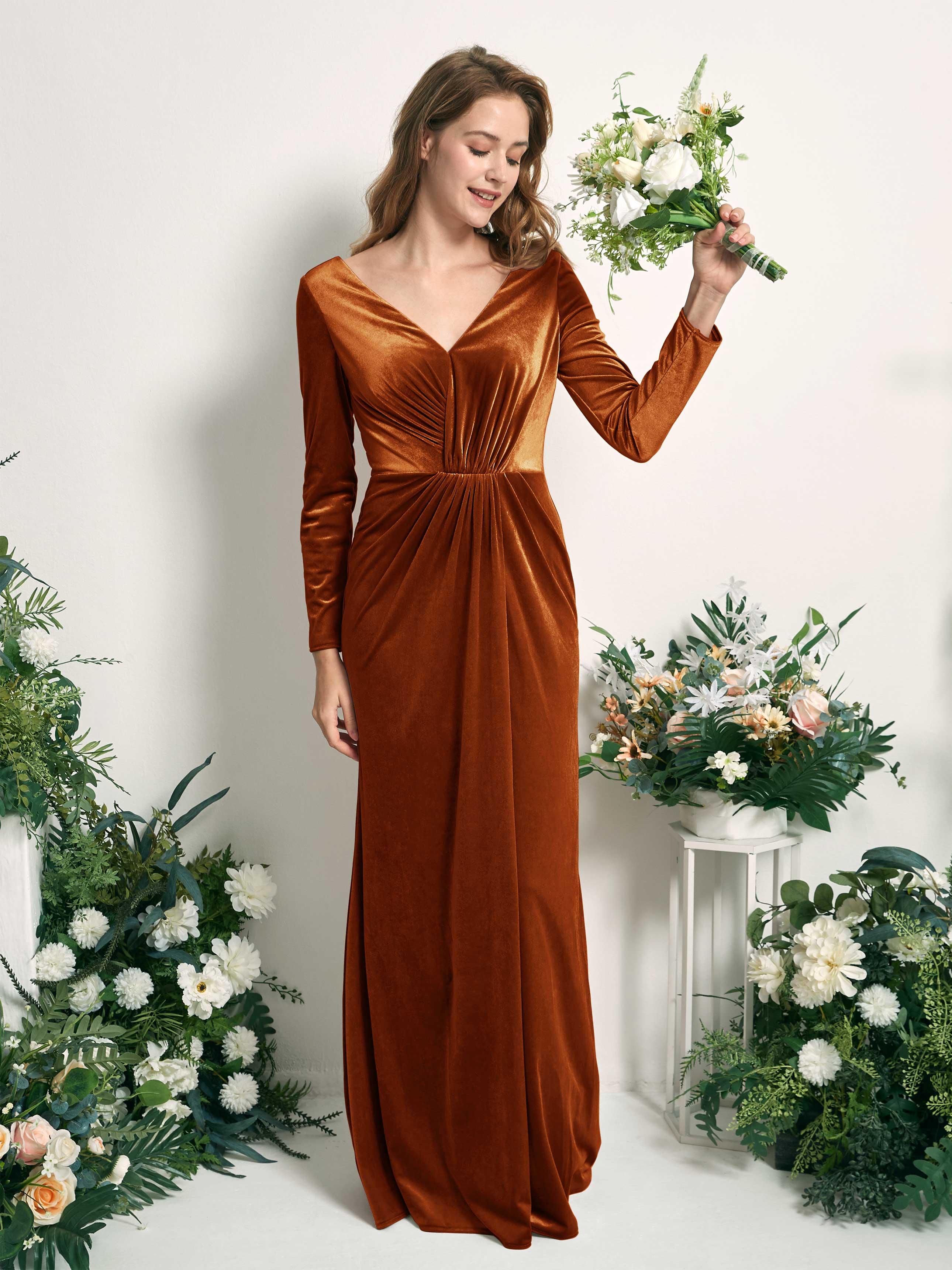 Burnt Orange Velvet V-Neck Bridesmaid Dress Mermaid Floor-Length | Carlyna Burnt Orange Velvet V-Neck Bridesmaid Dress Mermaid Floor-Length | Carlyna