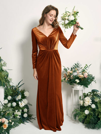 Carlyna Ophelia Mermaid Burant Orange Velvet Bridesmaid Dress Maxi Long Sleeve V-Neck Front View #color_burant-orange