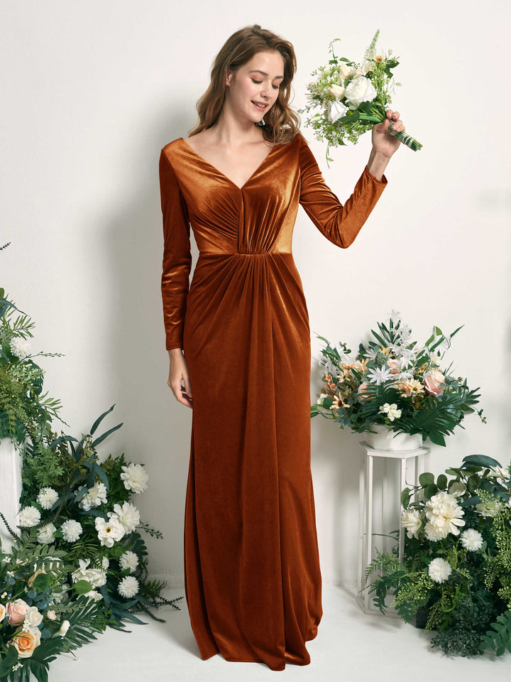 Burant Orange Bridesmaid Dresses Mermaid/Trumpet V-neck Long Sleeves Velvet Dresses (82220422)