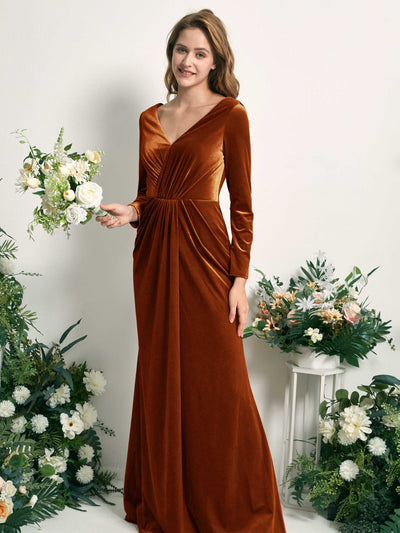 Carlyna Ophelia Mermaid Burant Orange Velvet Bridesmaid Dress Maxi Long Sleeve V-Neck Side View 2 #color_burant-orange