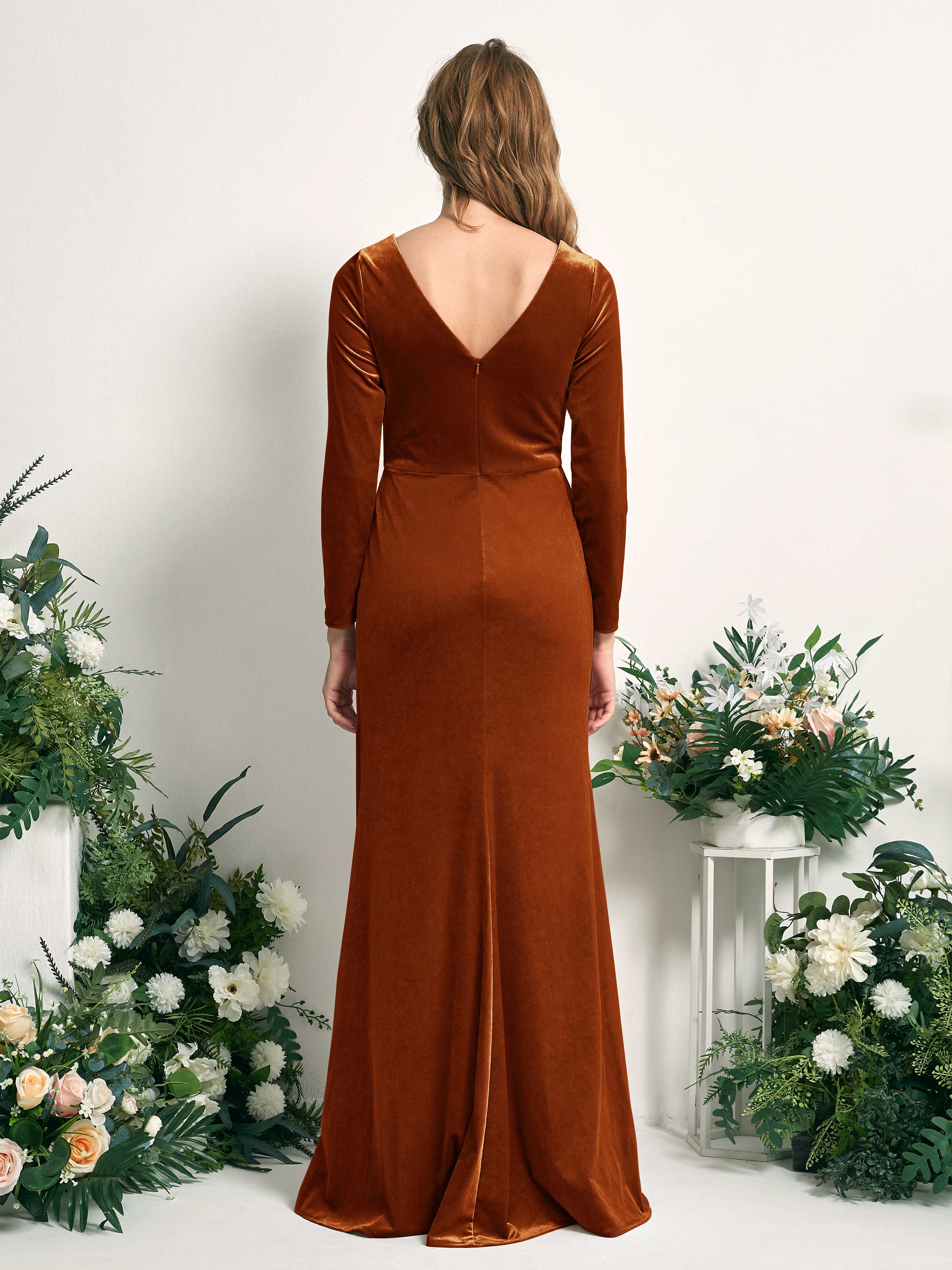 Burnt Orange Velvet Bridesmaid Dress Mermaid Maxi Long Sleeve V-Neck