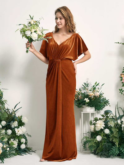 Carlyna Wanda Mermaid Burant Orange Velvet Bridesmaid Dress Maxi Cap Sleeve V-Neck Dress Front View #color_burant-orange