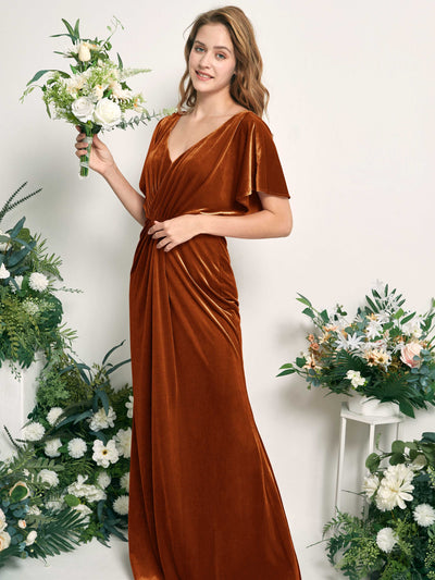 Carlyna Wanda Mermaid Burant Orange Velvet Bridesmaid Dress Maxi Cap Sleeve V-Neck Dress Side View 2 #color_burant-orange