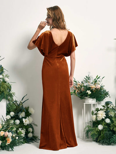 Carlyna Wanda Mermaid Burant Orange Velvet Bridesmaid Dress Maxi Cap Sleeve V-Neck Dress Back View #color_burant-orange