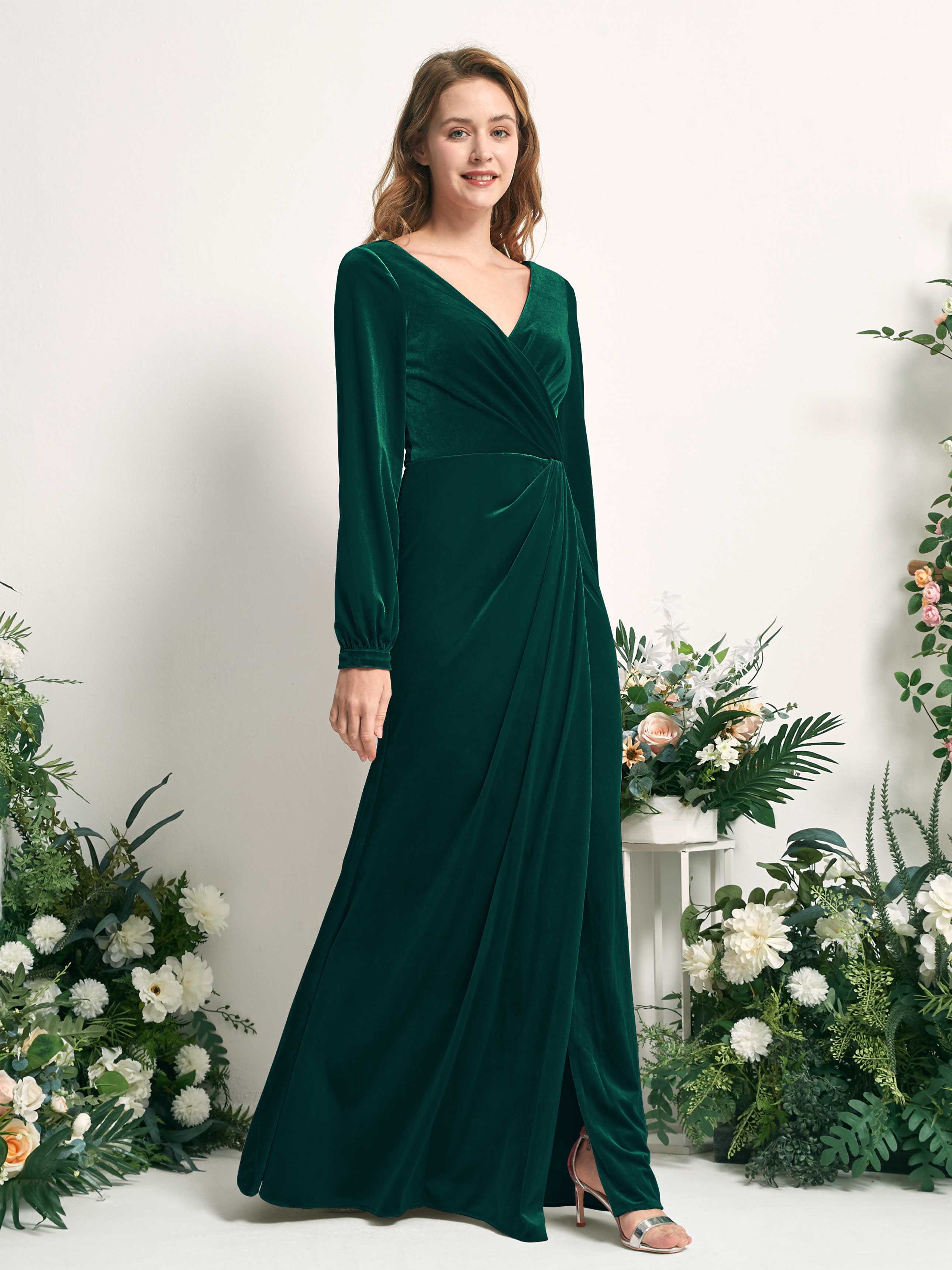 Hunter Green Velvet Bridesmaid Dress Mermaid Maxi Long Sleeve V-Neck