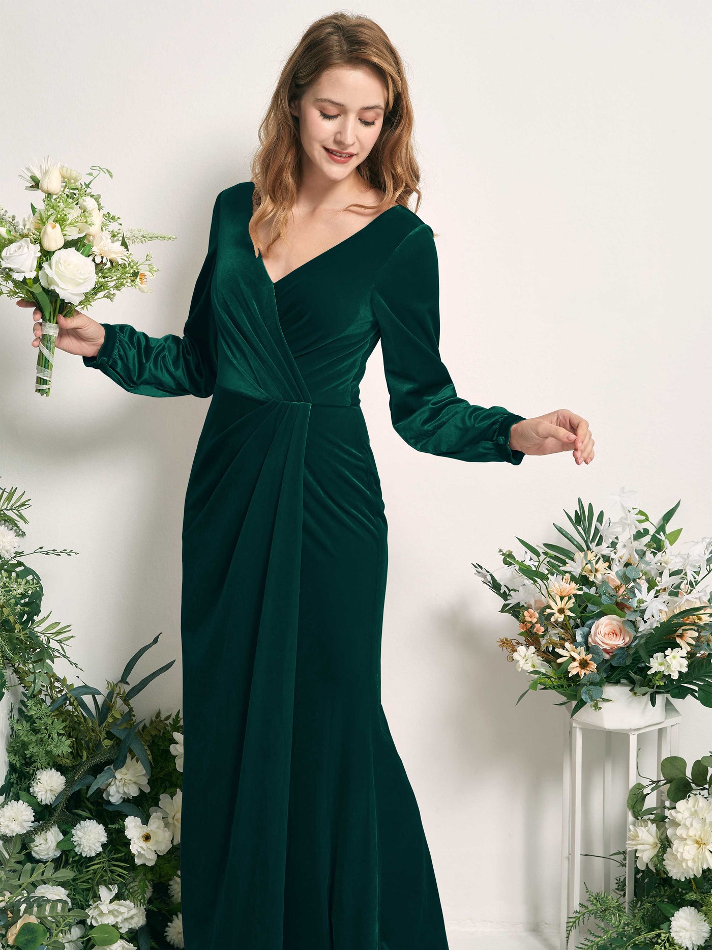 Hunter Green Bridesmaid Dresses A-line Sexy Slit V-neck Long Sleeves Velvet Dresses (82220127)#color_hunter-green