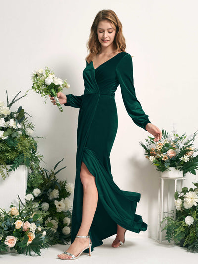 Carlyna Renata Mermaid Hunter Green Velvet Bridesmaid Dress Maxi Long Sleeve V-Neck Side View 3 #color_hunter-green