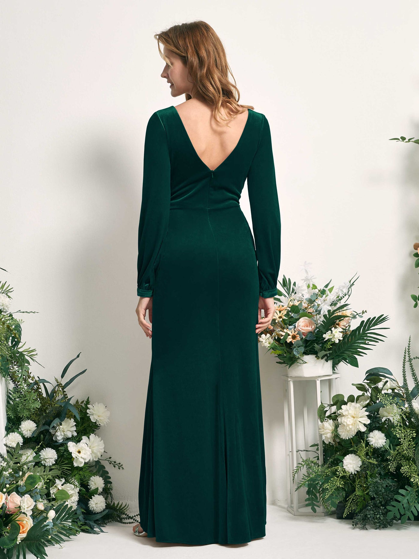 Hunter Green Bridesmaid Dresses A-line Sexy Slit V-neck Long Sleeves Velvet Dresses (82220127)#color_hunter-green