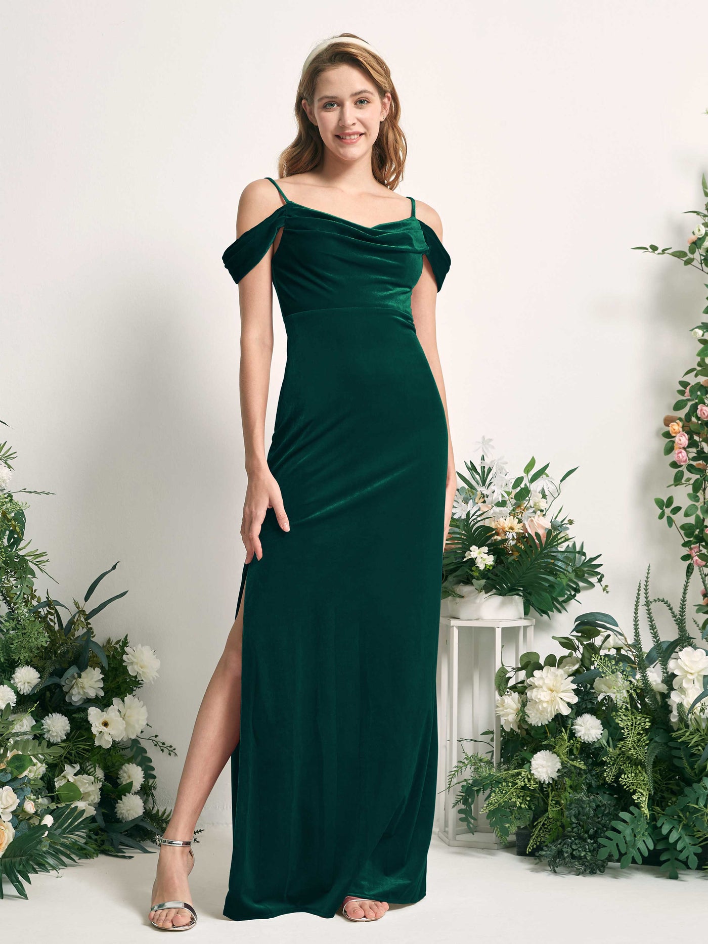 Hunter Green Bridesmaid Dresses Mermaid/Trumpet Sexy Slit Off Shoulder Velvet Dresses (82220227)#color_hunter-green