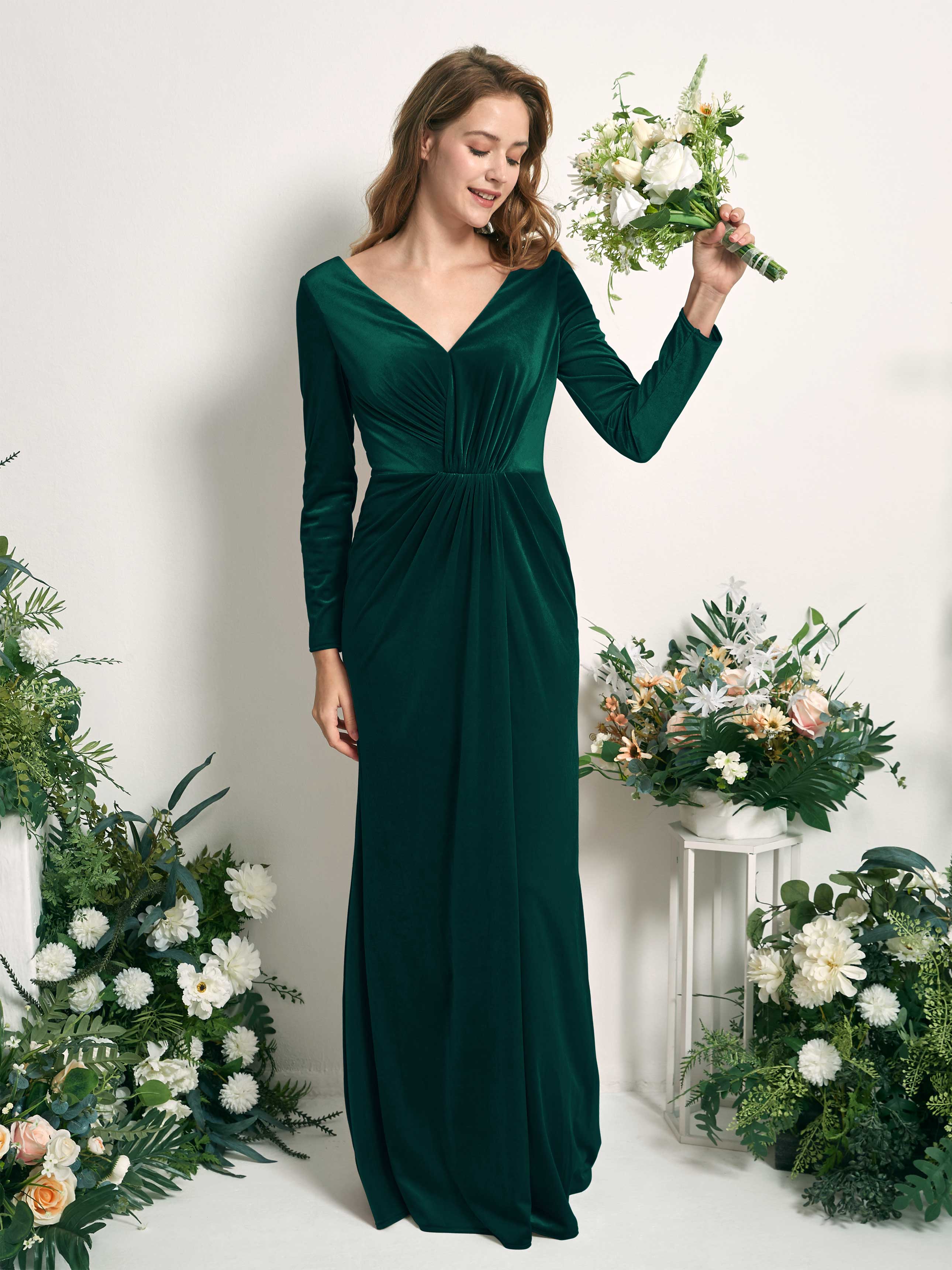 Burnt Orange Velvet Bridesmaid Dress Mermaid Maxi Long Sleeve V-Neck | Carlyna Burnt Orange Velvet Bridesmaid Dress Mermaid Maxi Long Sleeve V-Neck | Carlyna