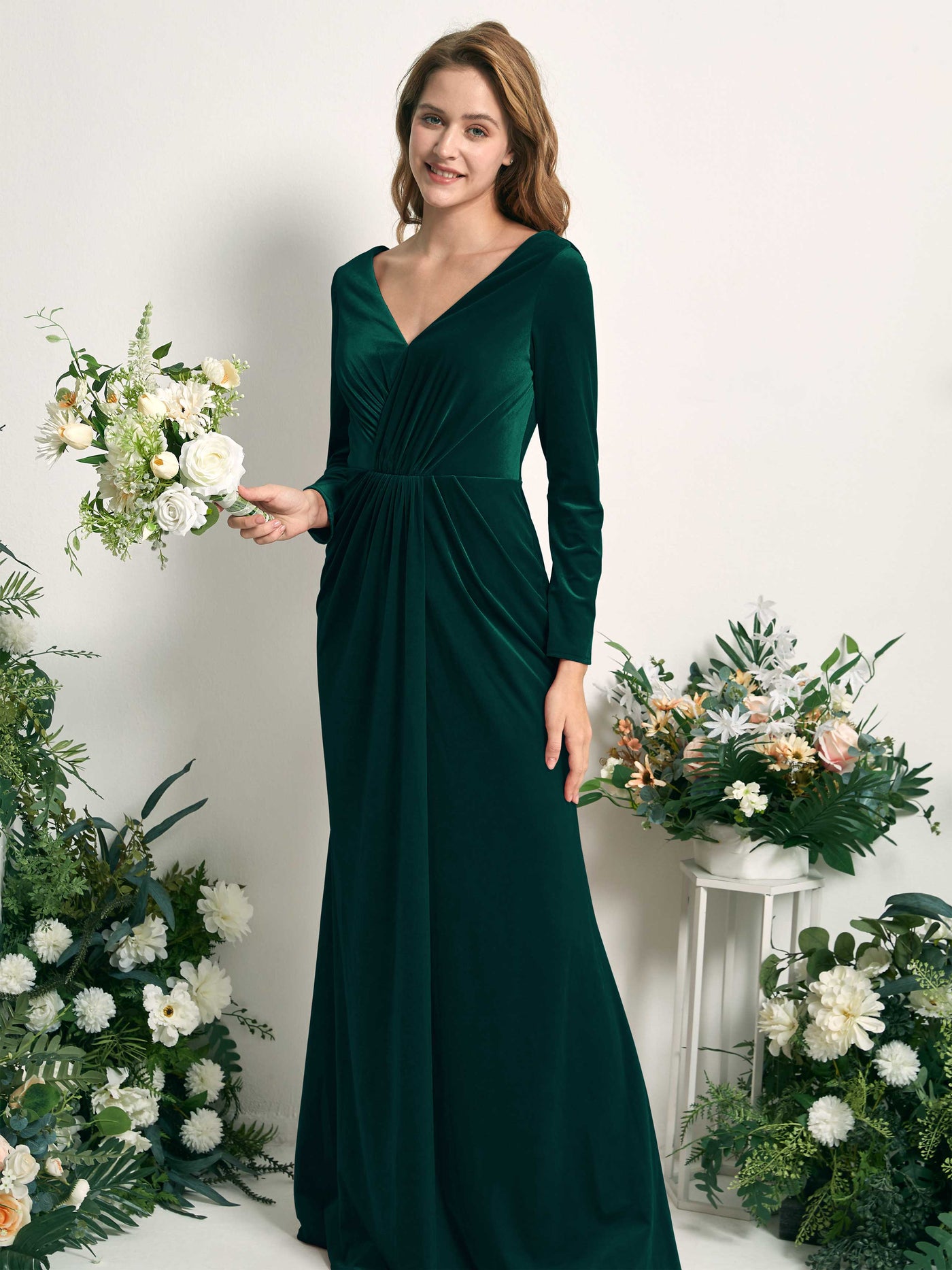 Burgundy Velvet Maxi - Long Sleeve Dress - V neck Dress – Carlyna