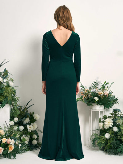 Carlyna Ophelia Mermaid Hunter Green Velvet Bridesmaid Dress Maxi Long Sleeve V-Neck Back View #color_hunter-green
