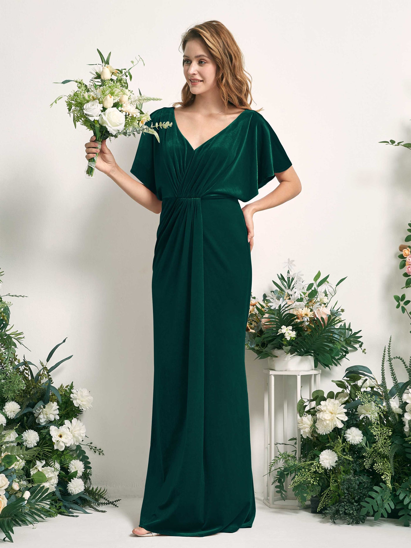 Hunter Green Bridesmaid Dresses Mermaid/Trumpet V-neck Short Sleeves Velvet Dresses (82220327)#color_hunter-green