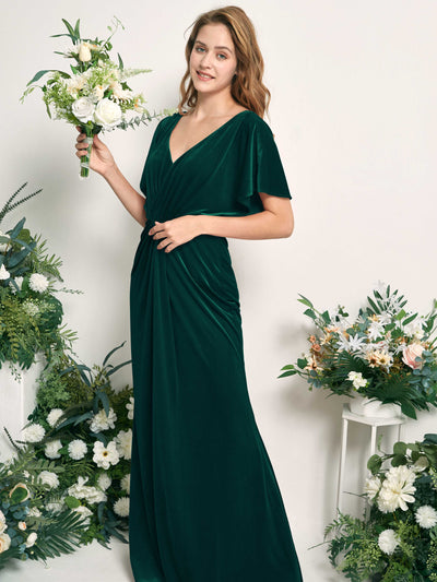 Carlyna Wanda Mermaid Hunter Green Velvet Bridesmaid Dress Maxi Cap Sleeve V-Neck Dress Side View 2 #color_hunter-green