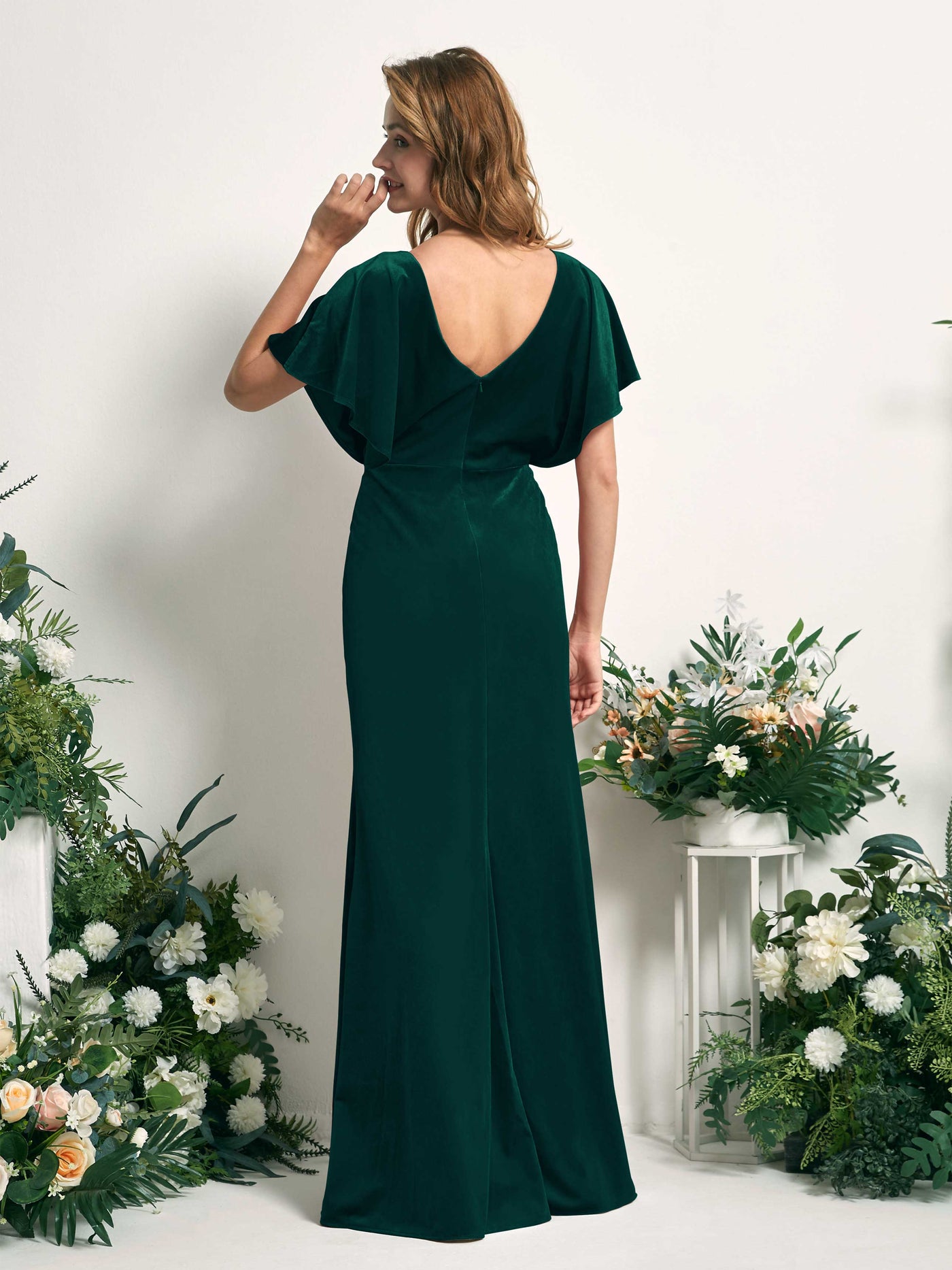 Hunter Green Bridesmaid Dresses Mermaid/Trumpet V-neck Short Sleeves Velvet Dresses (82220327)#color_hunter-green