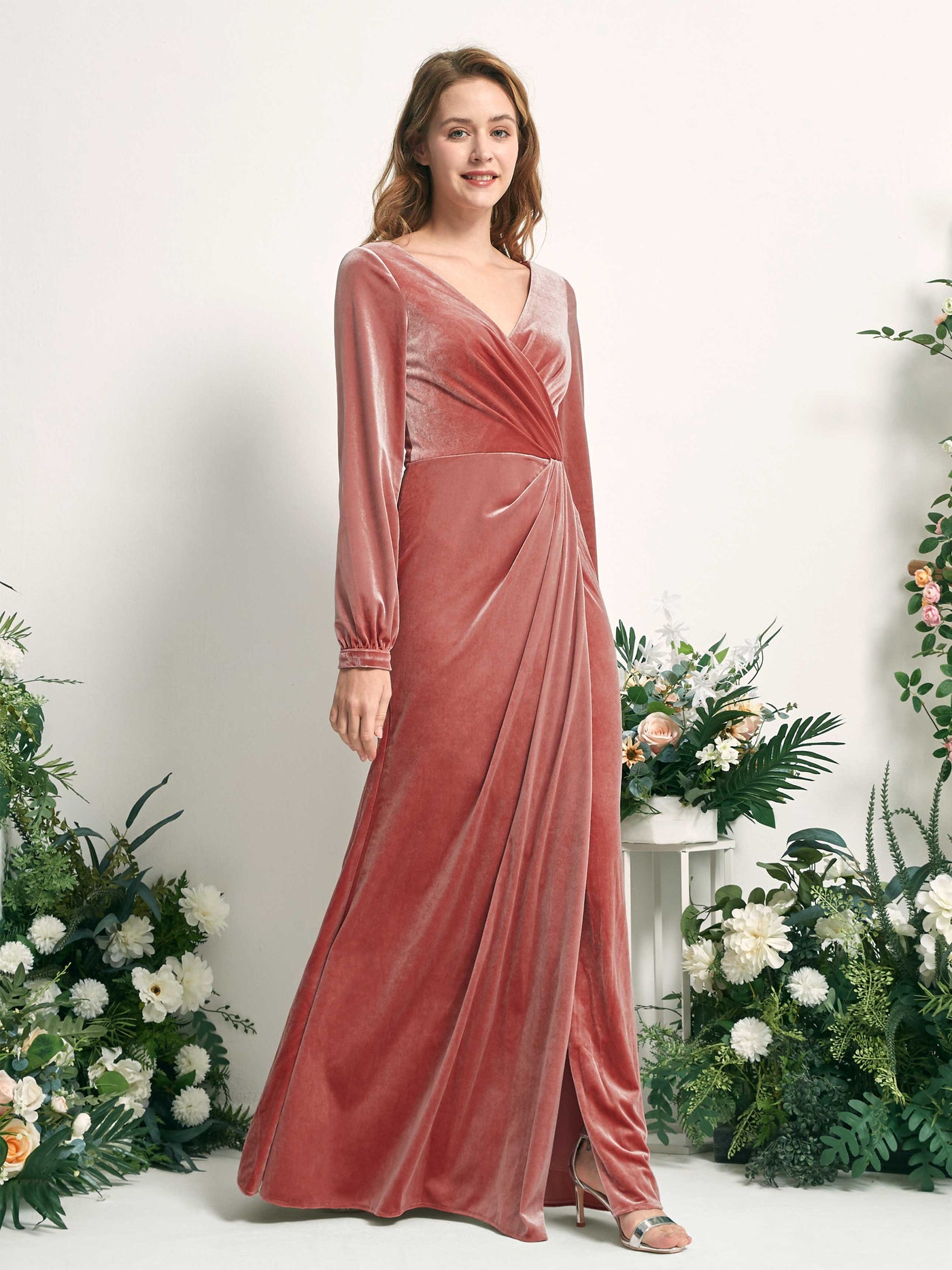 Dusty Rose Bridesmaid Dresses A-line Sexy Slit V-neck Long Sleeves Velvet Dresses (82220131)#color_dusty-rose
