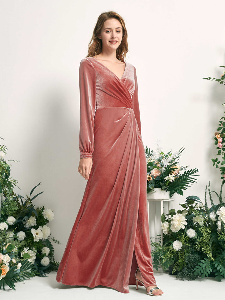Dusty Rose Bridesmaid Dresses A-line Sexy Slit V-neck Long Sleeves Velvet Dresses (82220131)