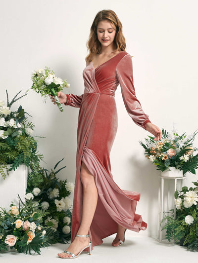 Carlyna Renata Mermaid Dusty Rose Velvet Bridesmaid Dress Maxi Long Sleeve V-Neck Side View 3 #color_dusty-rose