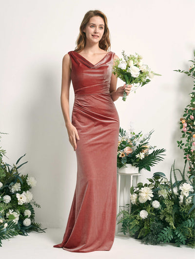 Carlyna Pearl Mermaid Dusty Rose Velvet Bridesmaid Dress Maxi Sleeveless V-Neck Dress Front View #color_dusty-rose