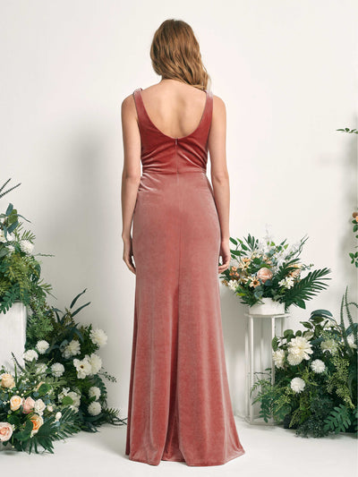Carlyna Pearl Mermaid Dusty Rose Velvet Bridesmaid Dress Maxi Sleeveless V-Neck Dress Back View #color_dusty-rose