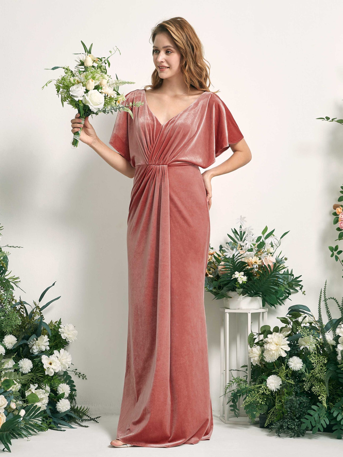 Burnished Gold Velvet Bridesmaid Dress Mermaid Maxi Flutter Sleeve V-Neck | Carlyna Burnished Gold Velvet Bridesmaid Dress Mermaid Maxi Flutter Sleeve V-Neck | Carlyna