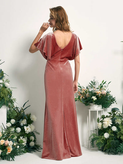 Carlyna Wanda Mermaid Dusty Rose Velvet Bridesmaid Dress Maxi Cap Sleeve V-Neck Dress Back View #color_dusty-rose