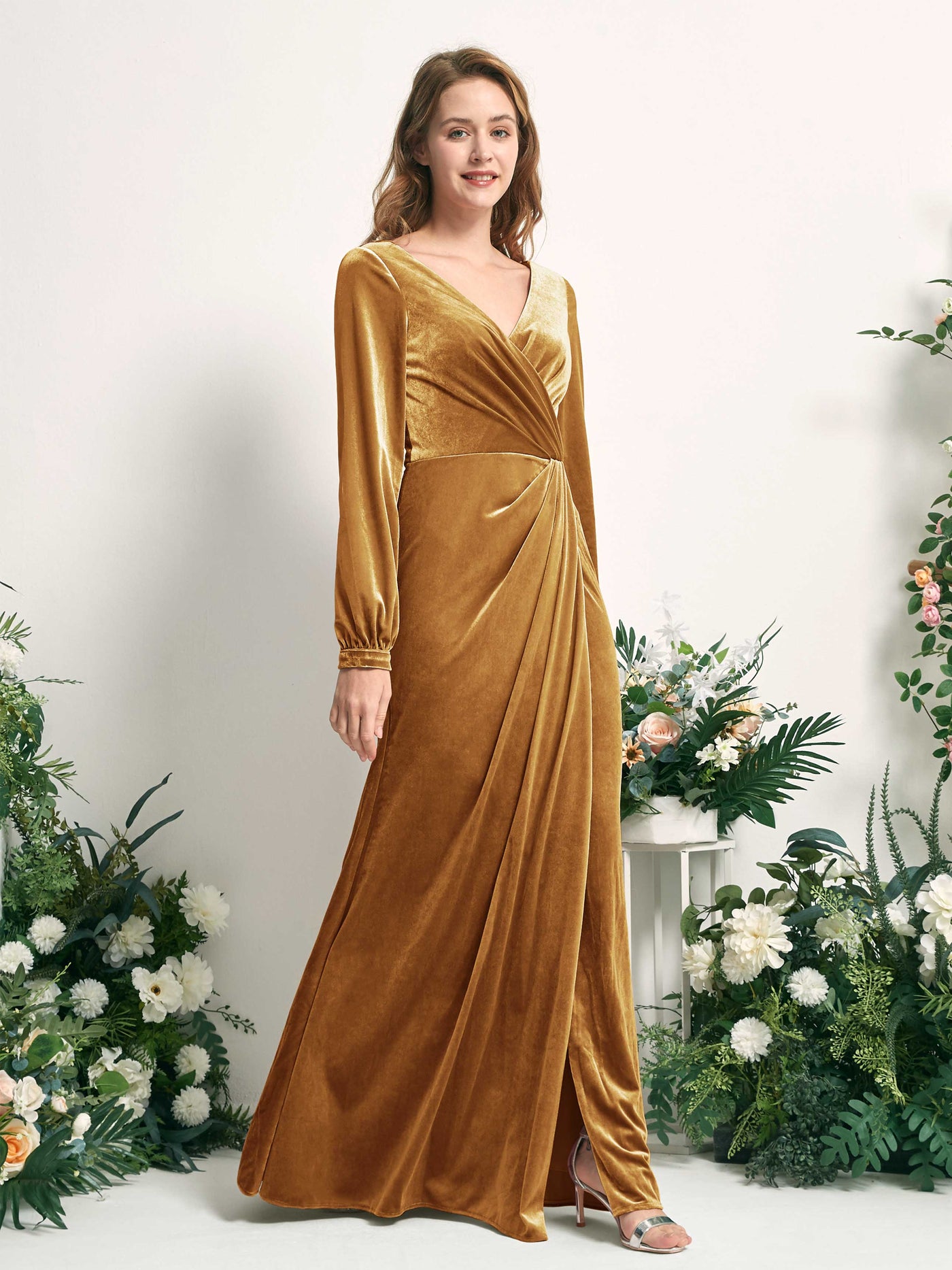 Burnished Gold Bridesmaid Dresses A-line Sexy Slit V-neck Long Sleeves Velvet Dresses (82220116)#color_burnished-gold