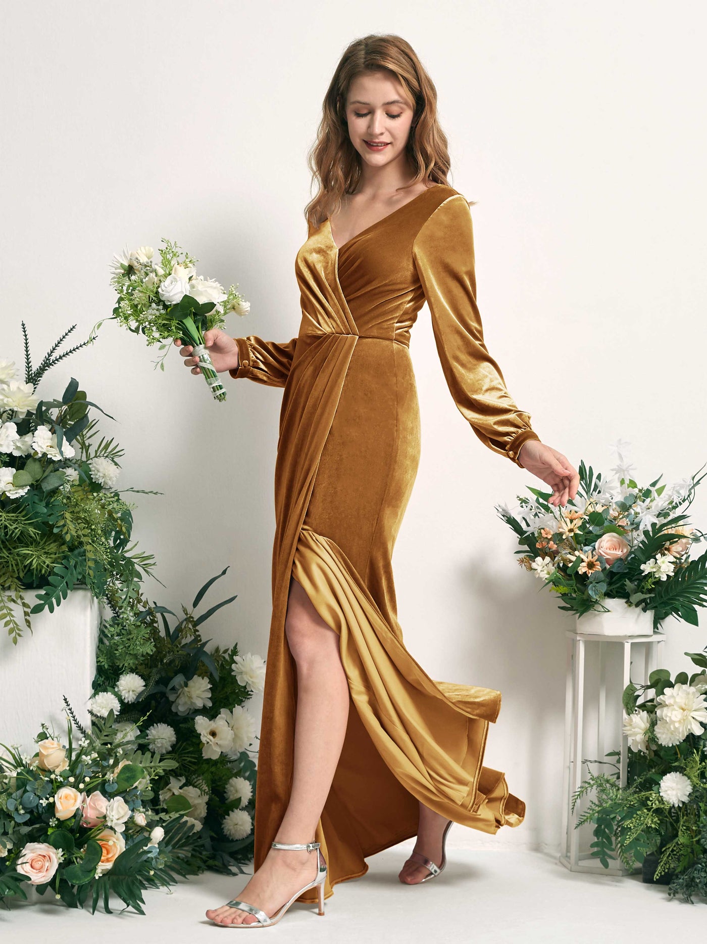 Burnished Gold Bridesmaid Dresses A-line Sexy Slit V-neck Long Sleeves Velvet Dresses (82220116)#color_burnished-gold
