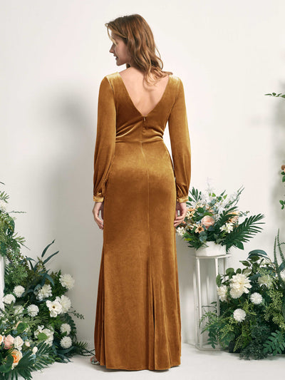 Carlyna Renata Mermaid Burnished Gold Velvet Bridesmaid Dress Maxi Long Sleeve V-Neck Back View #color_burnished-gold
