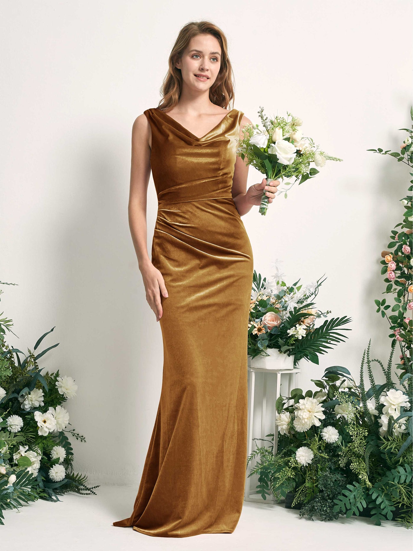Burnished Gold Velvet Bridesmaid Dress Mermaid Maxi V-Neck