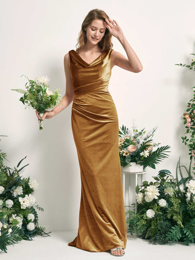 Carlyna Pearl Mermaid Burnished Gold Velvet Bridesmaid Dress Maxi Sleeveless V-Neck Dress Side View 2 #color_burnished-gold