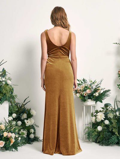 Carlyna Pearl Mermaid Burnished Gold Velvet Bridesmaid Dress Maxi Sleeveless V-Neck Dress Back View #color_burnished-gold