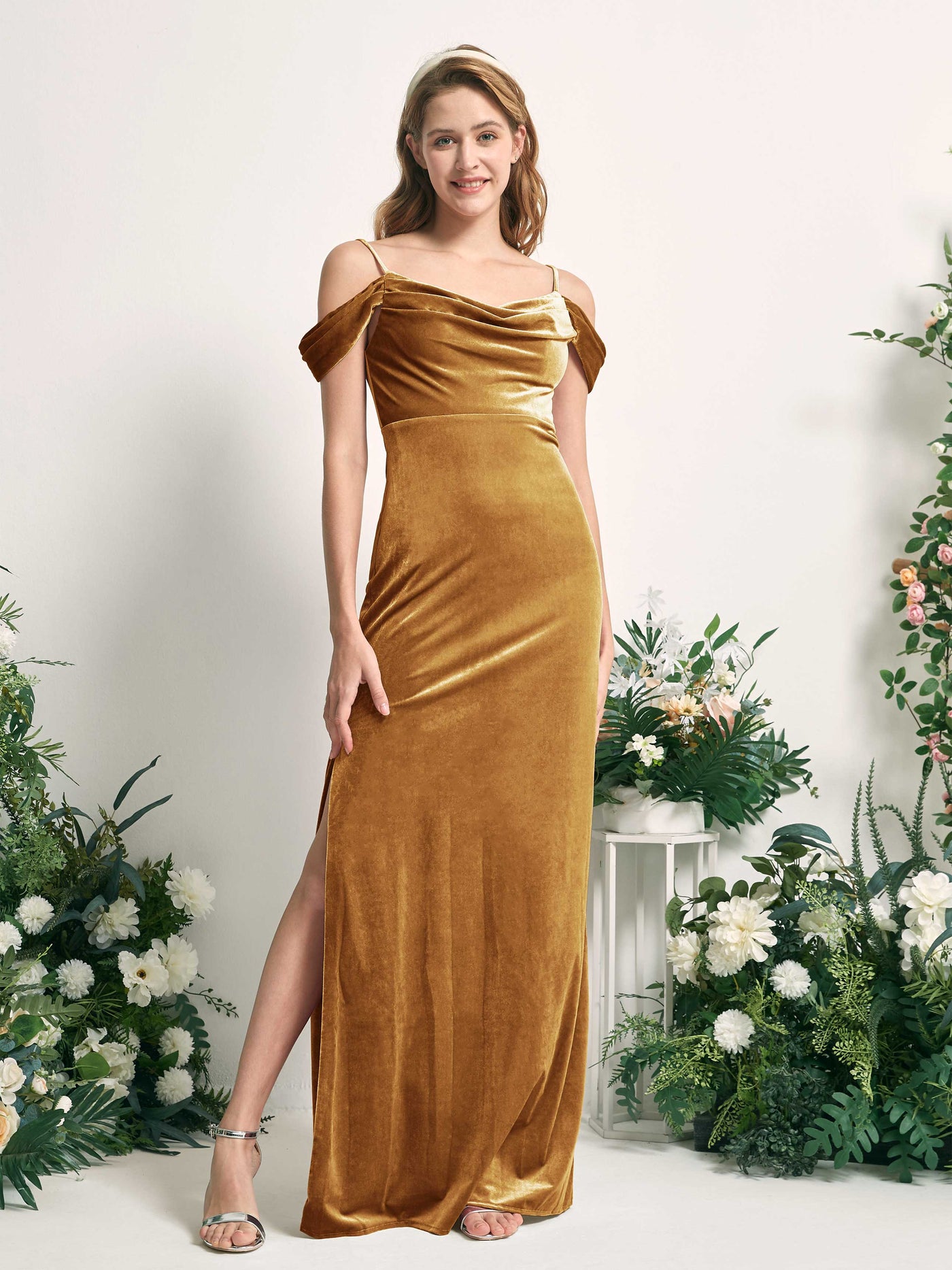 Burnished Gold Bridesmaid Dresses Mermaid/Trumpet Sexy Slit Off Shoulder Velvet Dresses (82220216)#color_burnished-gold