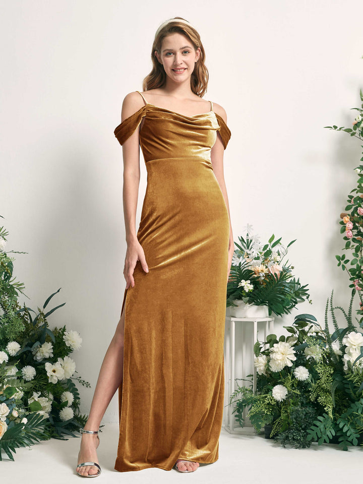 Burnished Gold Bridesmaid Dresses Mermaid/Trumpet Sexy Slit Off Shoulder Velvet Dresses (82220216)