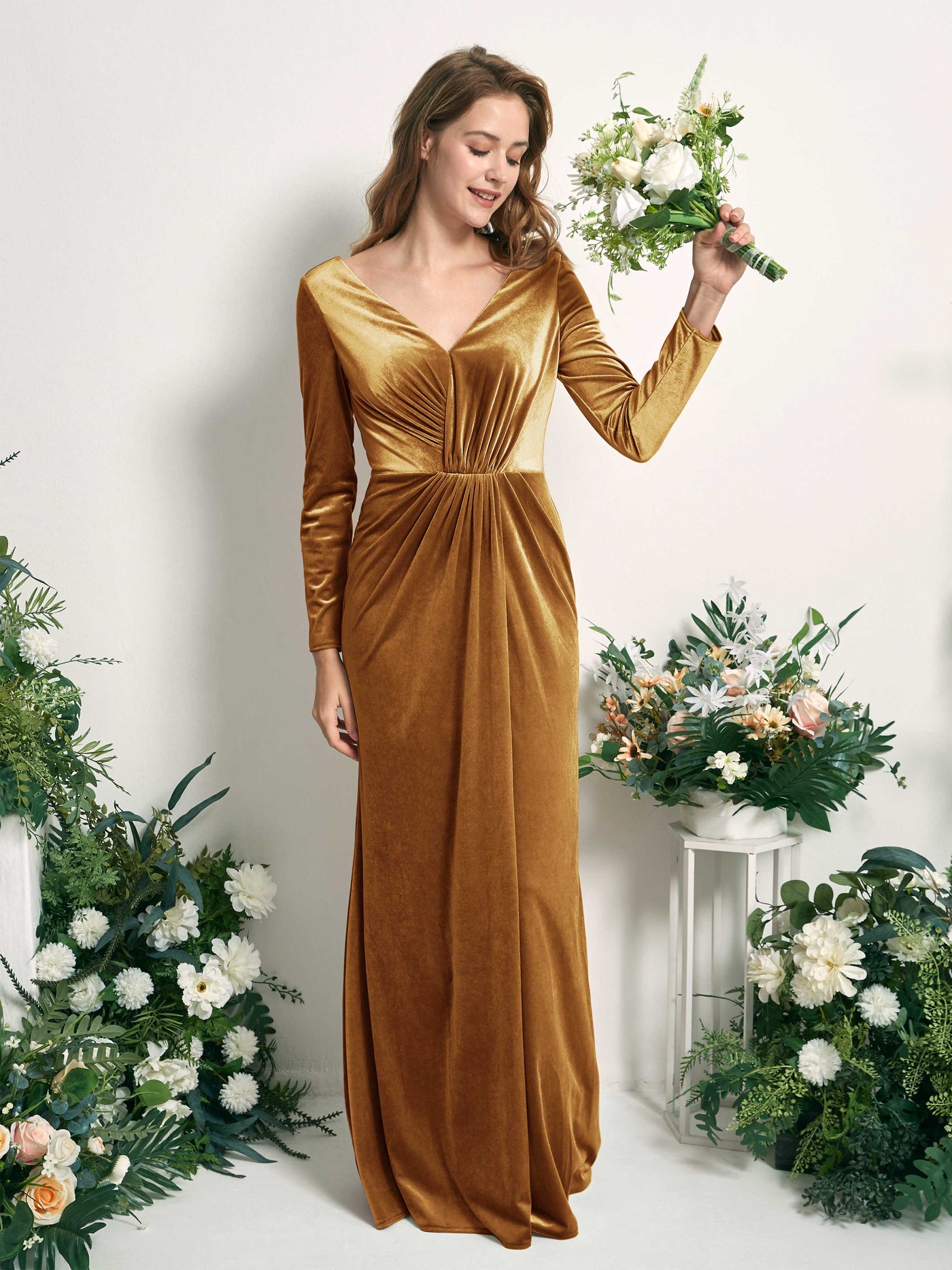 Burnished Gold Bridesmaid Dresses Mermaid/Trumpet V-neck Long Sleeves Velvet Dresses (82220416)#color_burnished-gold