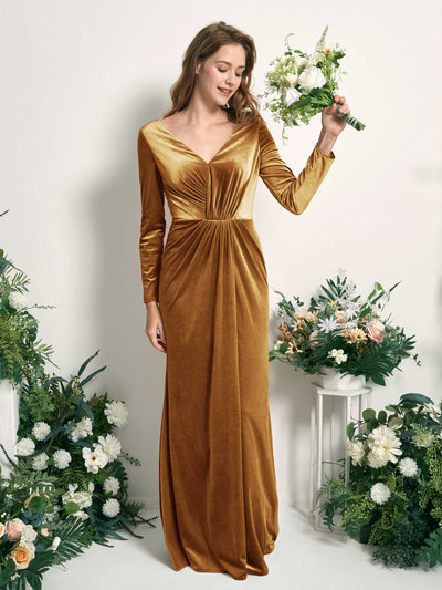 Carlyna Ophelia Mermaid Burnished Gold Velvet Bridesmaid Dress Maxi Long Sleeve V-Neck Front View #color_burnished-gold