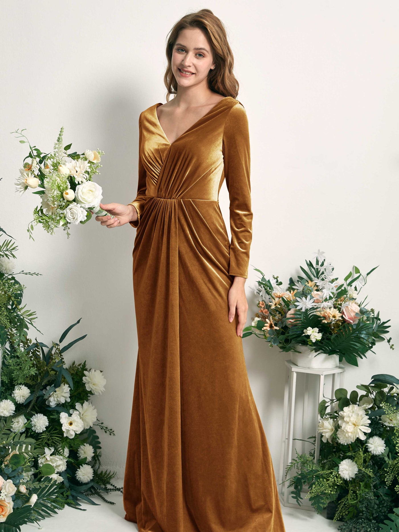 Burnished Gold Bridesmaid Dresses Mermaid/Trumpet V-neck Long Sleeves Velvet Dresses (82220416)#color_burnished-gold
